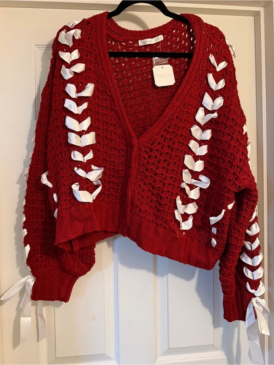 Altar'd State Sweaters - Altar'd State Red Open-Knit Cardigan with White Ribbon Trim